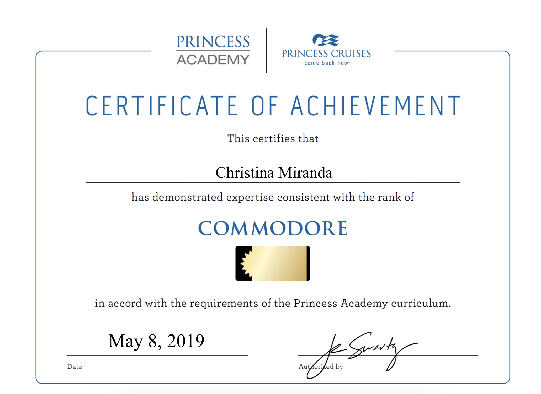 Princess Cruise Commodore Certificate